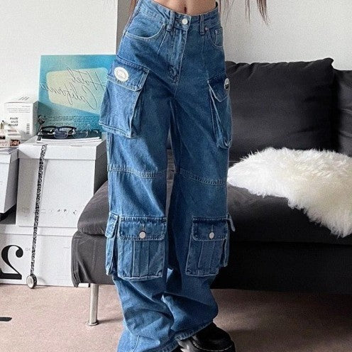 Retro Multi Pocket Overalls Jeans For Women